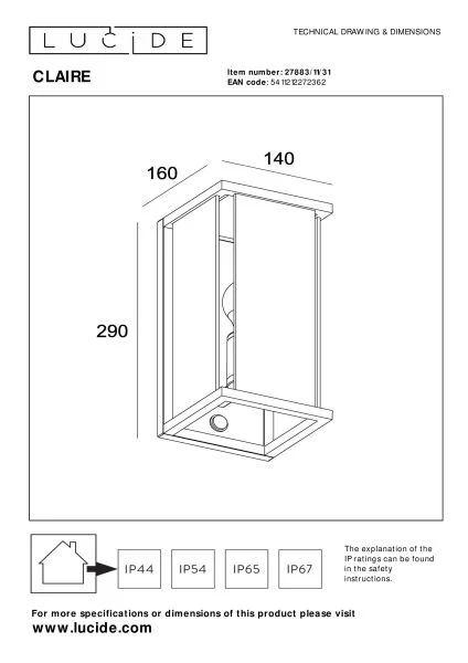 Lucide CLAIRE - Wandlamp Binnen/Buiten - 1xE27 - IP54 - Beweging & dag/nacht sensor - Wit - technisch